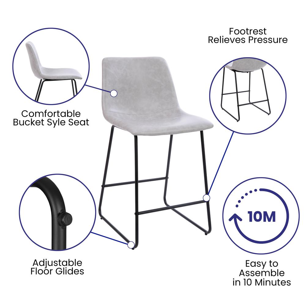 Set of two 24-inch Light Gray LeatherSoft counter height barstools with padded seats and backrests, by Start2Finish.
