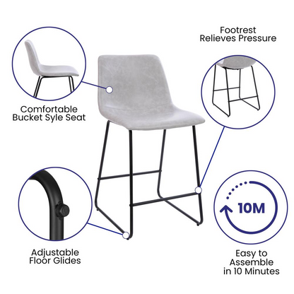 Set of two 24-inch Light Gray LeatherSoft counter height barstools with padded seats and backrests, by Start2Finish.