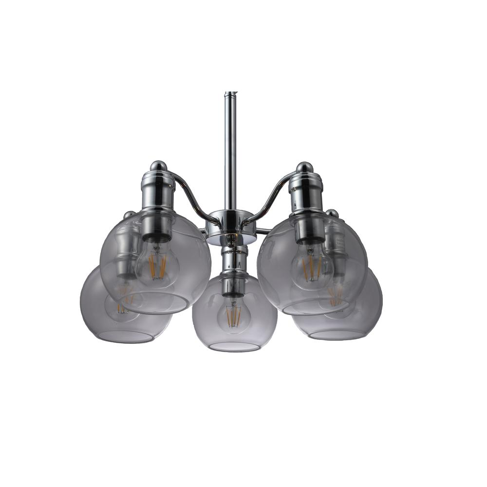 Chloe Lighting Wacian 5-light chrome hanging chandelier with modern design, 18 inches wide, featuring sleek chrome finish and elegant style.