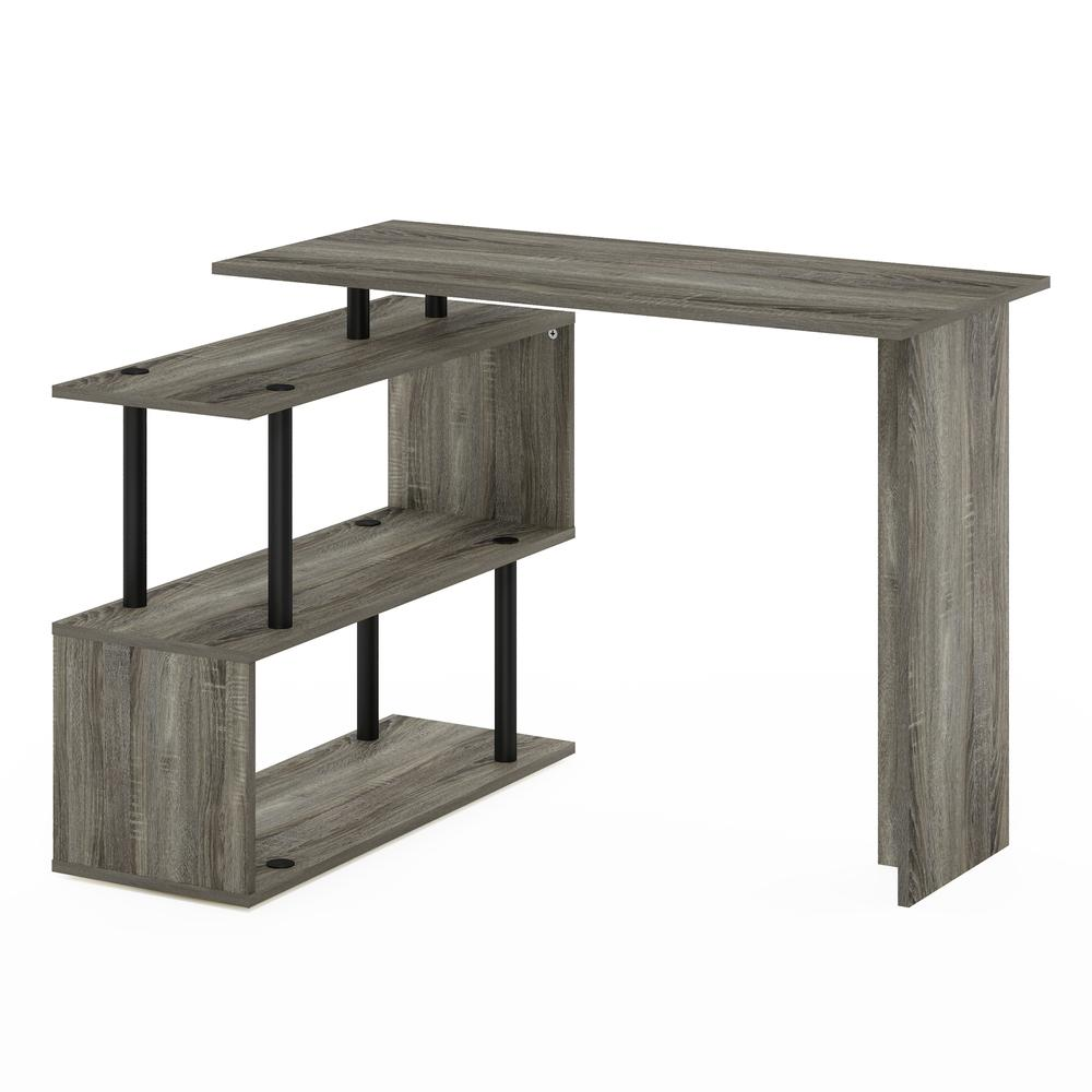 Start2Finish Furinno Moore L-shape computer desk with three-tier shelves in French Oak and black finish.