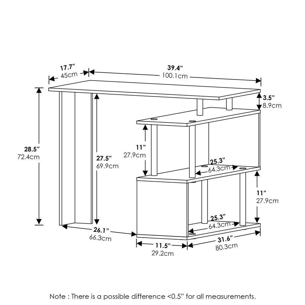 Furinno Moore L-shape computer desk with 3-tier shelves in French Oak and black finish, featuring a spacious workspace and storage.