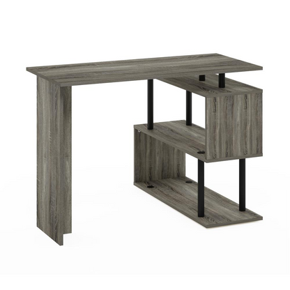 Start2Finish Furinno Moore L-shape computer desk with three-tier shelves in French oak and black finish, shown with workspace and storage.