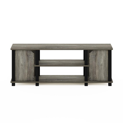 Furinno Simplistic TV stand with shelves and storage in French Oak and black, modern furniture piece with open and closed compartments.