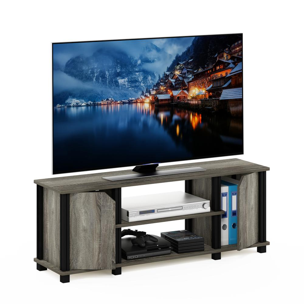 Furinno Simplistic TV stand with shelves and storage in French Oak and black, modern furniture for living room organization.