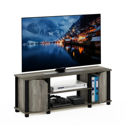 Furinno Simplistic TV stand with shelves and storage in French Oak and black, modern furniture for living room organization.