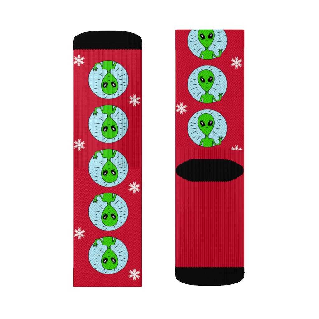 Yellow Pandora Holiday Weird Alien Socks featuring colorful alien designs on soft, comfortable socks for festive fun.
