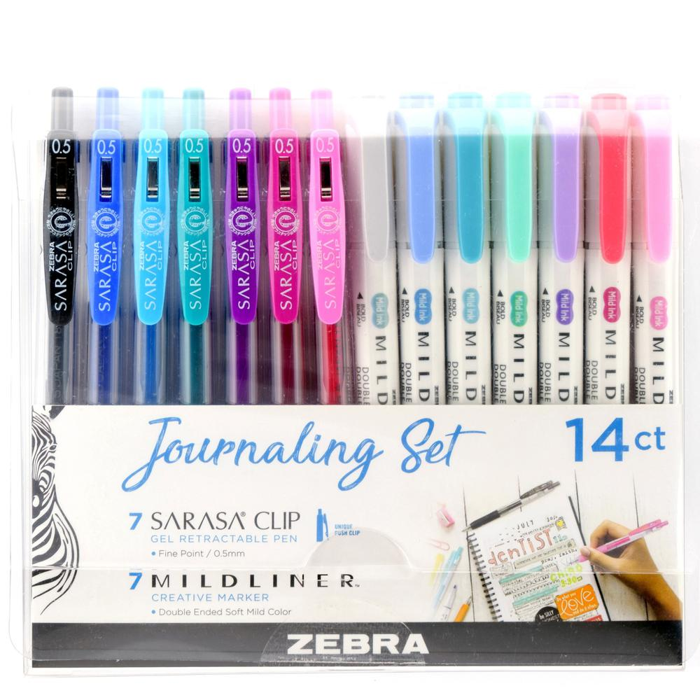 Start2Finish Zebra journaling set with Mildliner highlighters and Sarasa Clip gel pens in a 14-pack, featuring chisel and bullet tips.