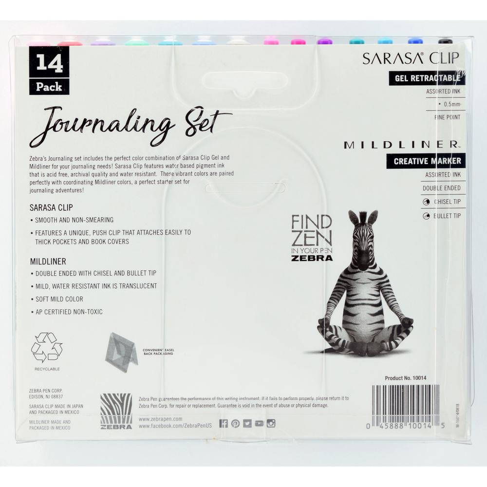Start2Finish Zebra journaling set with Mildliner highlighters and Sarasa Clip gel pens in 1mm bullet and chisel tips, 14-pack.