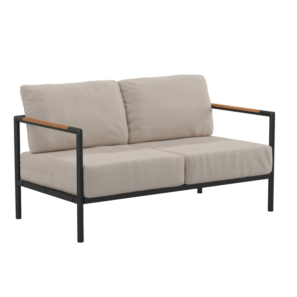 Black patio loveseat with beige cushions and teak accent arms, outdoor furniture by Start2Finish.