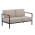Black patio loveseat with beige cushions and teak accent arms, outdoor furniture by Start2Finish.