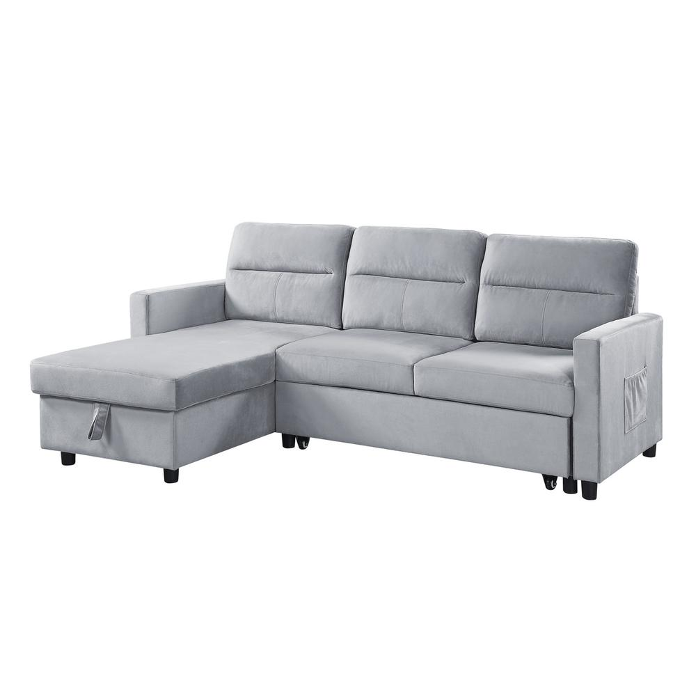 Start2Finish Ivy Light Gray Velvet reversible sleeper sectional sofa with storage chaise and side pocket, showing plush velvet fabric.