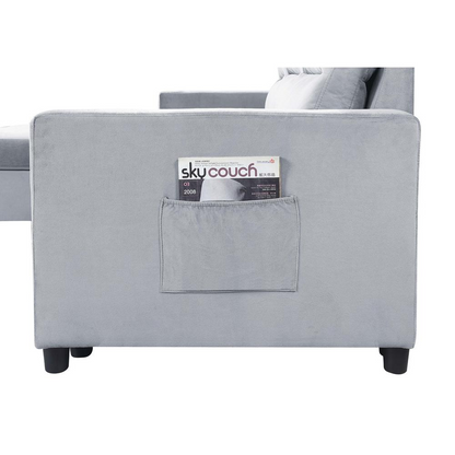 Ivy light gray velvet reversible sleeper sectional sofa by Start2Finish with storage chaise and side pocket, showing plush fabric and modern design.