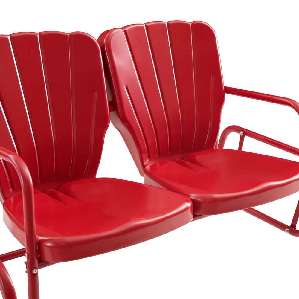 Start2Finish Ridgeland Retro Outdoor Loveseat Glider with wooden armrests and cushioned seat for comfortable outdoor seating.