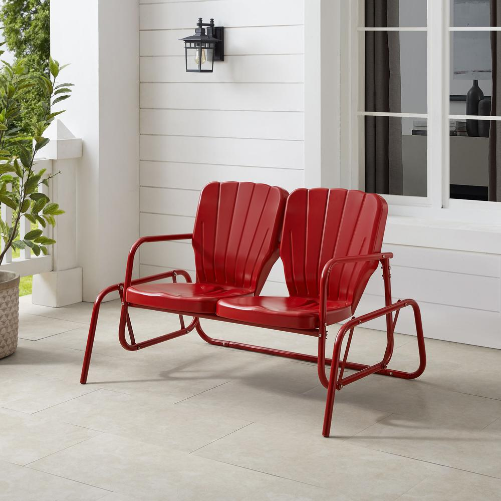 Start2Finish Ridgeland Retro Outdoor Loveseat Glider featuring weather-resistant wood and cushioned seats for relaxing outdoor comfort.