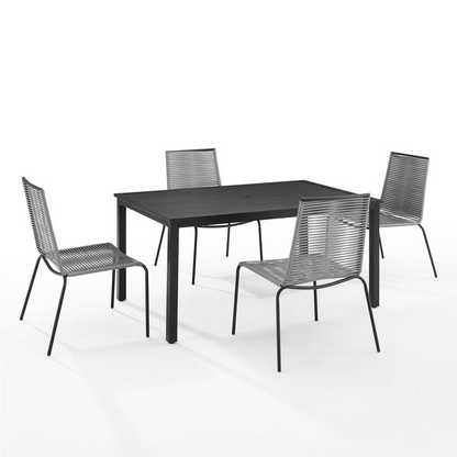 Fenton 5-piece wicker outdoor dining set by Start2Finish with table and four chairs, weather-resistant and stylish for outdoor dining.