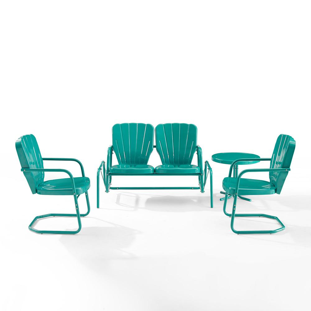 Start2Finish Ridgeland 4-piece outdoor loveseat glider set with armchairs and side table, featuring wooden frames and cushioned seats.