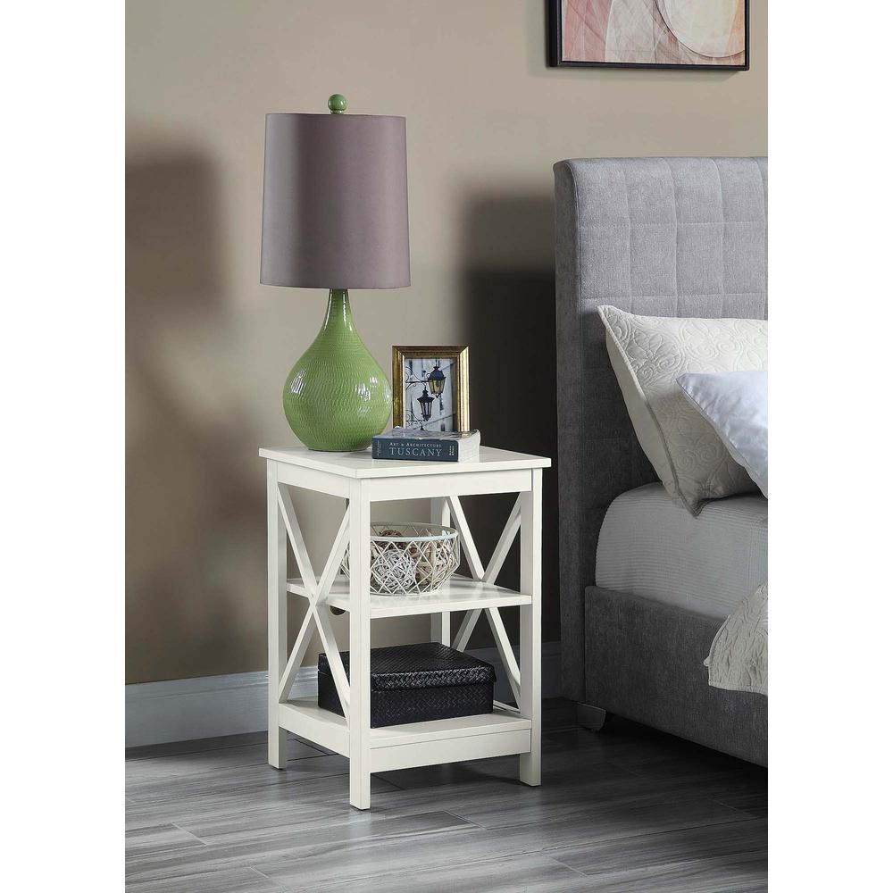 Start2Finish ivory Oxford end table with shelves, featuring a classic wood design and multiple storage spaces.