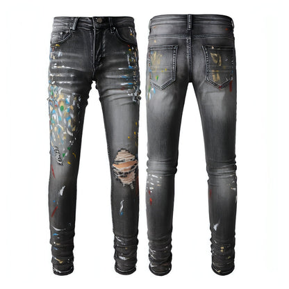 Gray denim slim-fit jeans for men by Carmine Juneberry, washed elastic denim pants with a modern, tailored look.