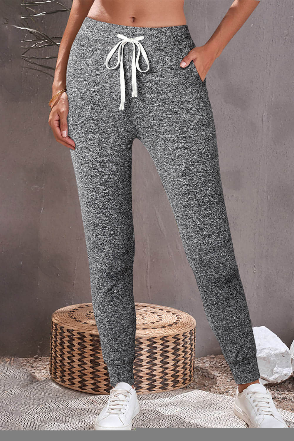 Gray Carmine Juneberry joggers with drawstring waist and side pockets, casual lounge pants for comfortable style.