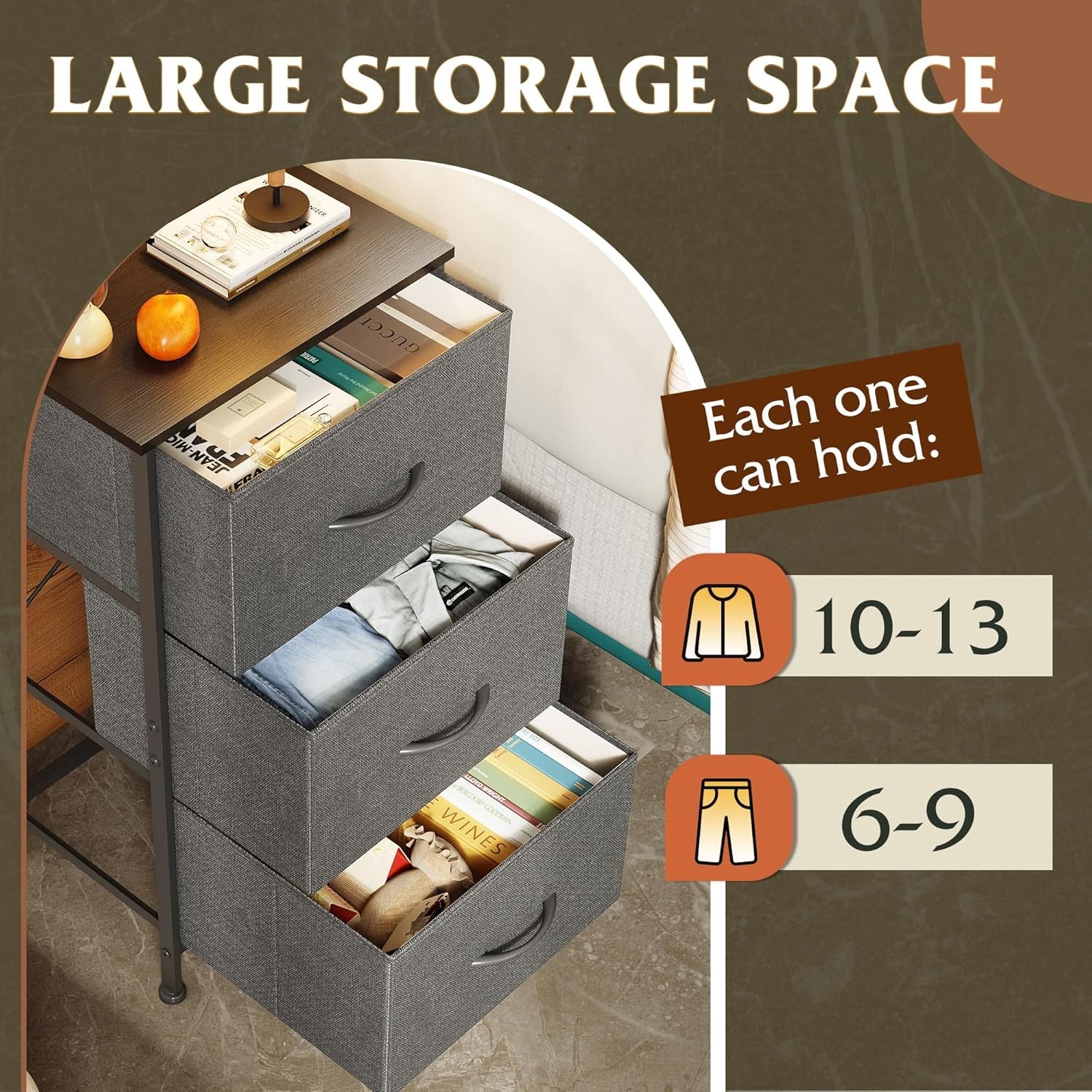 Dark grey Peach Maple dresser with three drawers, steel frame and wood top, modern furniture for bedroom storage.