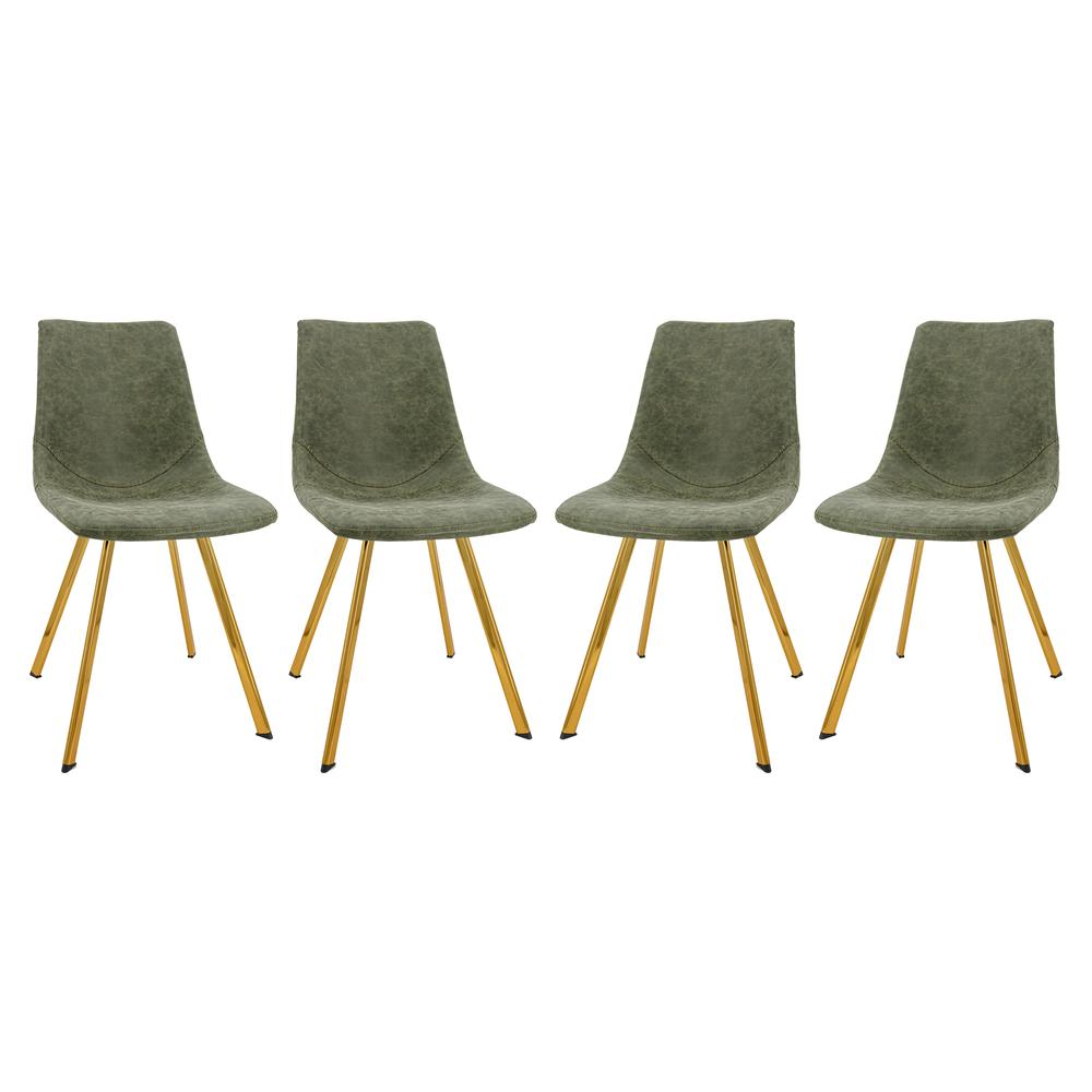 Set of four Markley modern leather dining chairs with gold metal legs, featuring sleek black leather upholstery and contemporary design.