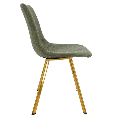 Set of four Markley modern leather dining chairs with gold metal legs, stylish and comfortable for contemporary dining rooms.
