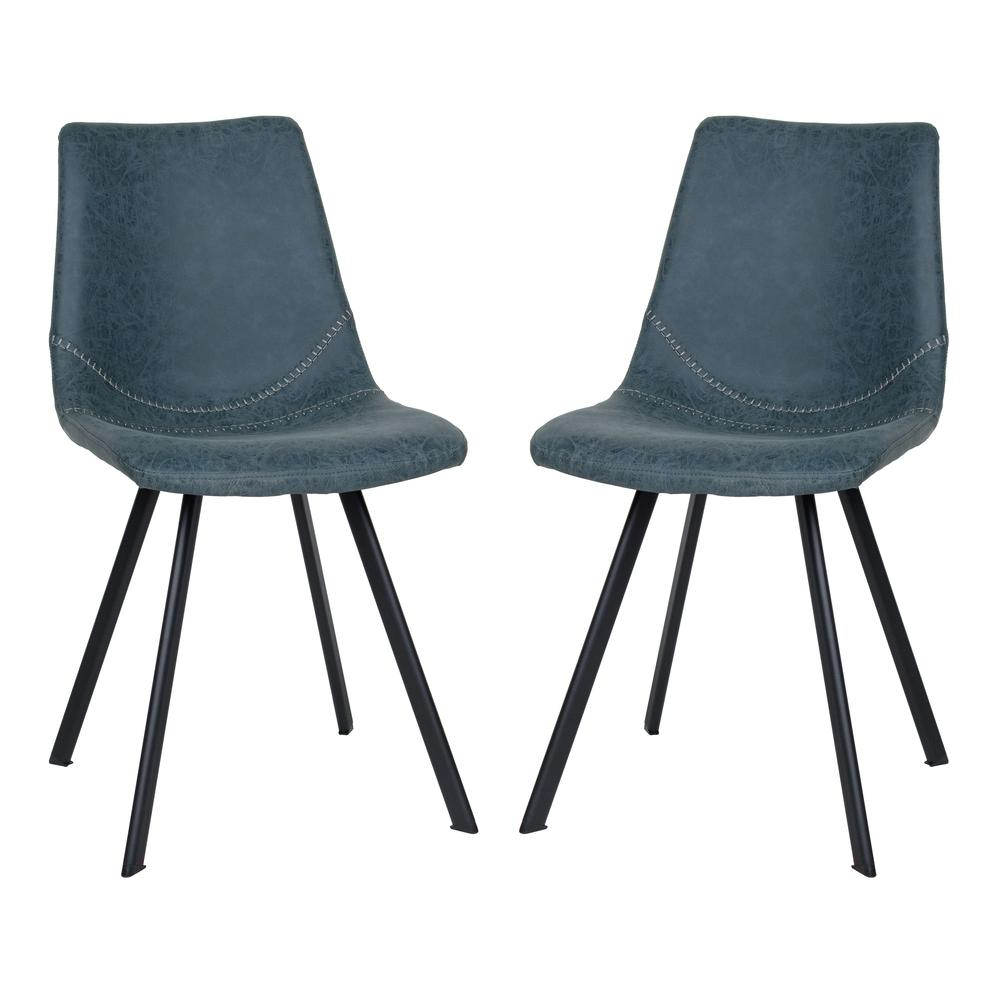 Pair of Markley modern leather dining chairs with metal legs from Start2Finish, featuring sleek design and comfortable seating.