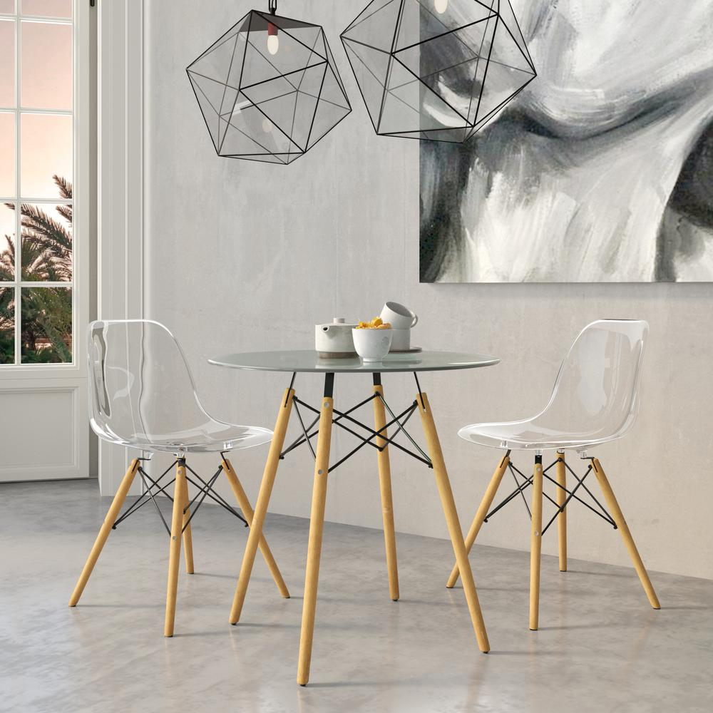 Dover round bistro glass top dining table with natural wood Eiffel base, modern furniture by Start2Finish.