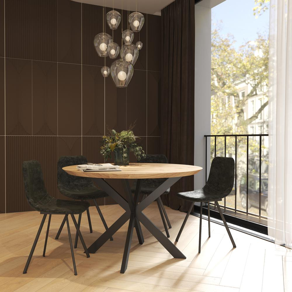 Set of four Markley modern leather dining chairs with black metal legs, featuring cushioned seats and sleek design.