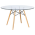 Dover round glass top dining table with natural wood Eiffel-style base, modern furniture piece by Start2Finish
