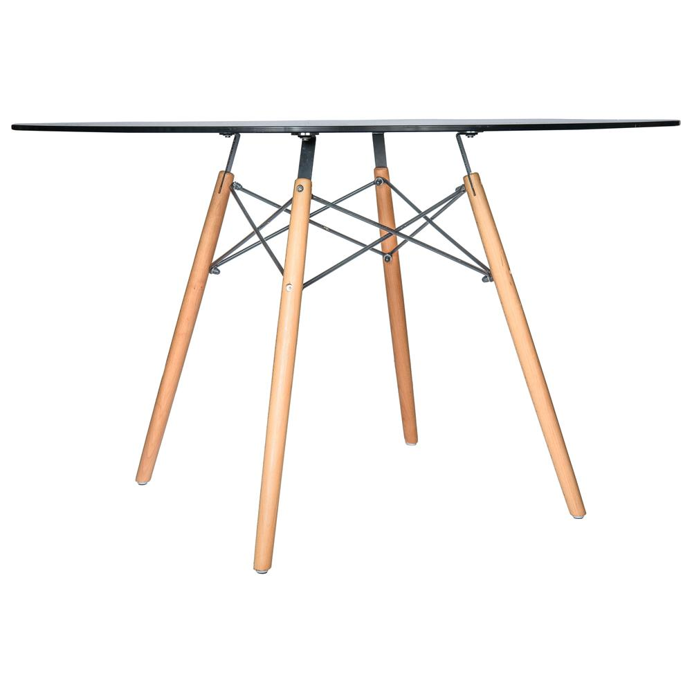 Dover round glass top dining table with natural wood Eiffel-style base by Start2Finish, showcasing the table&