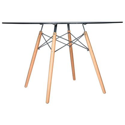 Dover round glass top dining table with natural wood Eiffel-style base by Start2Finish, showcasing the table&