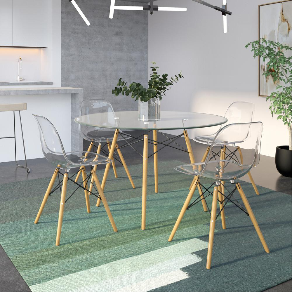 Dover round glass top dining table with natural wood Eiffel base, modern furniture by Start2Finish.