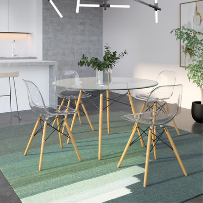 Dover round glass top dining table with natural wood Eiffel base, modern furniture by Start2Finish.