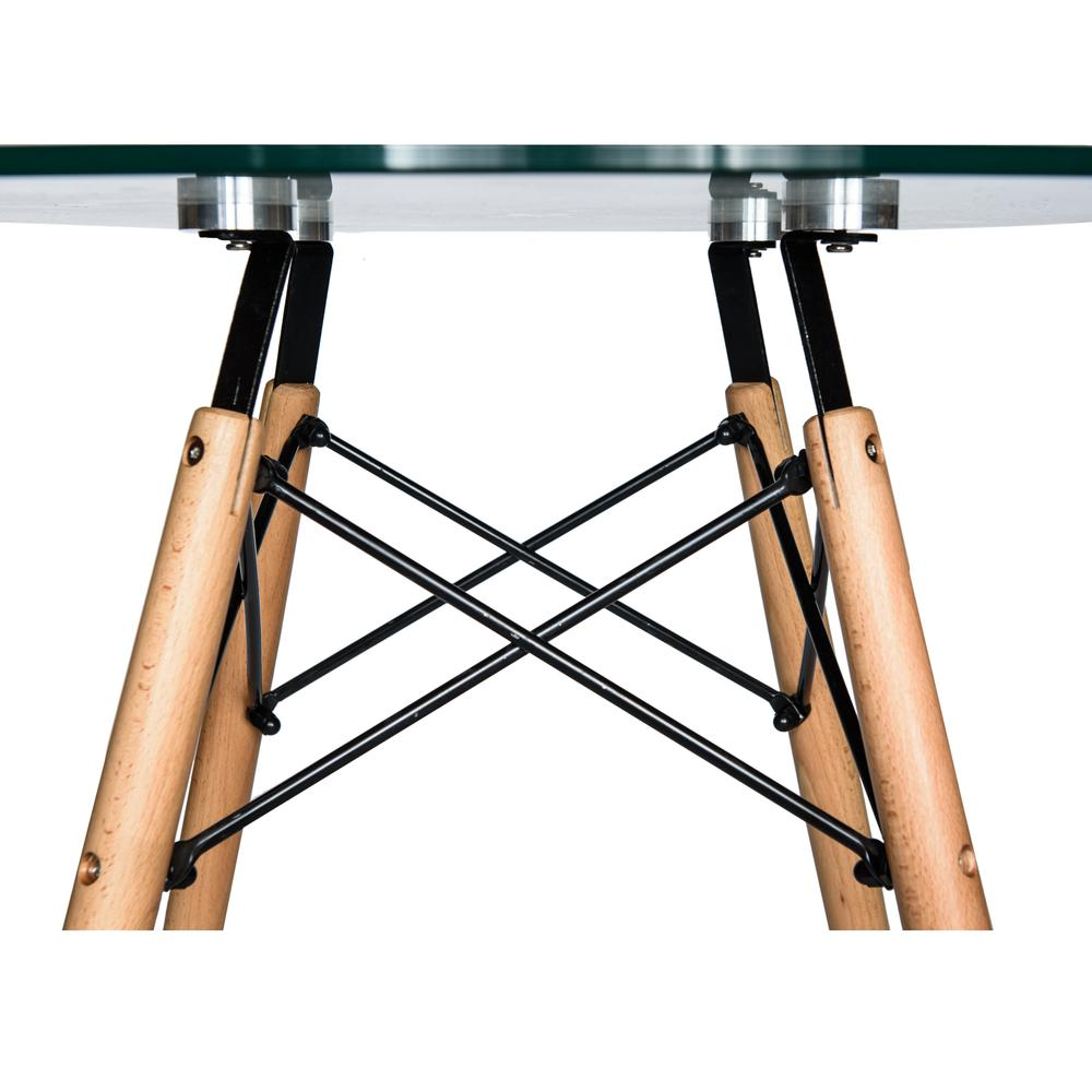 Dover round glass top dining table with natural wood Eiffel base, modern furniture by Start2Finish.