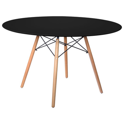 Dover round wooden top dining table with natural wood Eiffel base by Start2Finish, showing the table&