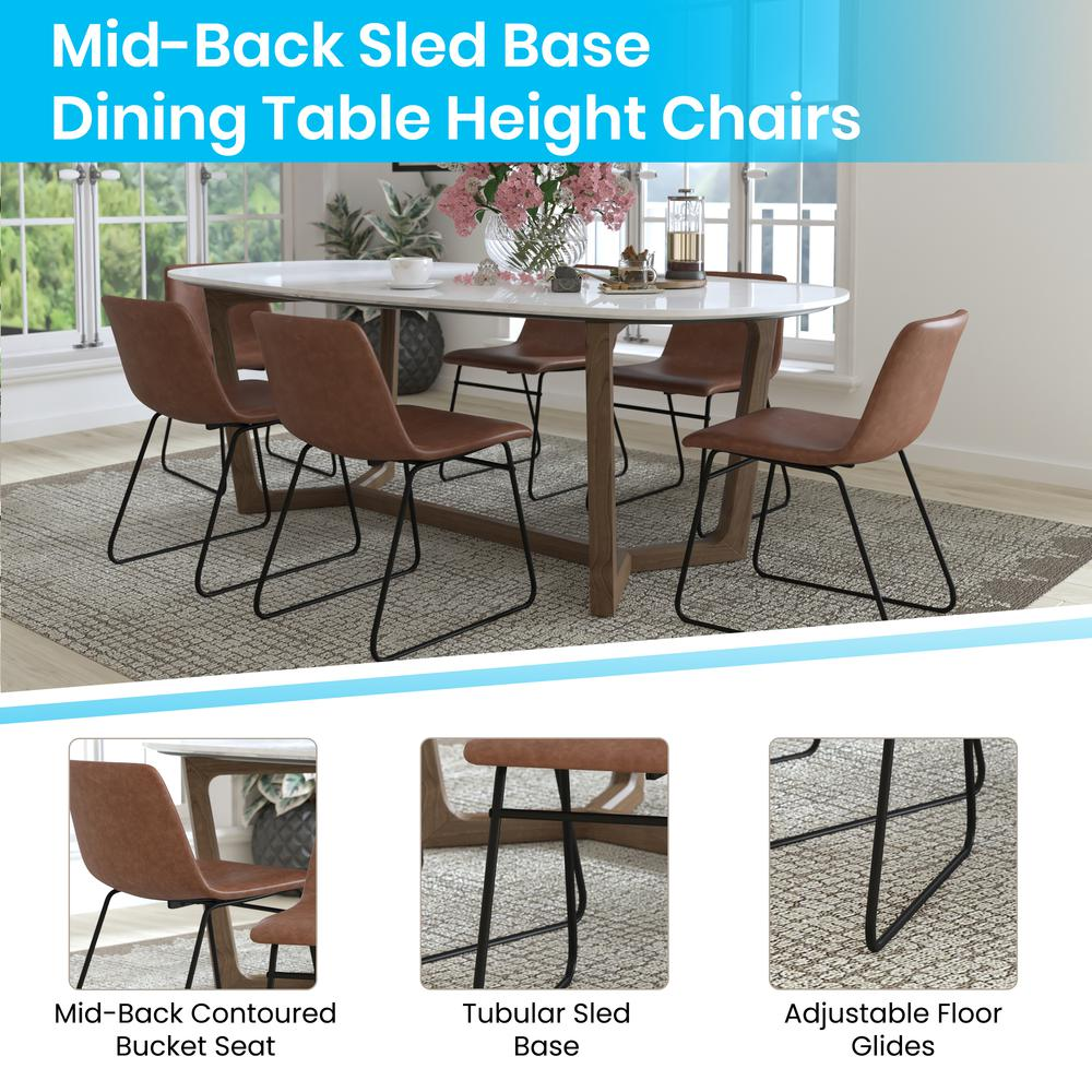 Set of 2 18-inch mid-back sled base dining chairs with light brown upholstered seats and black metal frames.