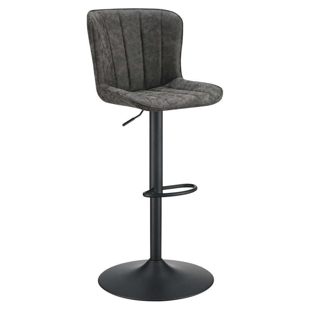 Two Kirkdale adjustable stools in charcoal faux leather, modern furniture with metal bases, by Start2Finish.