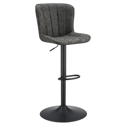 Two Kirkdale adjustable stools in charcoal faux leather, modern furniture with metal bases, by Start2Finish.