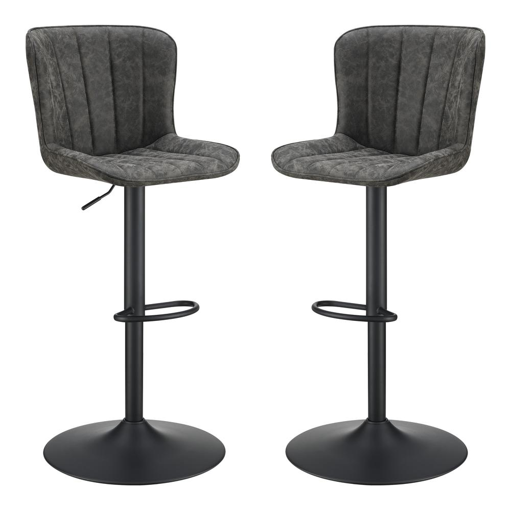 Set of two Kirkdale adjustable stools in charcoal faux leather with metal footrests, designed for modern furniture use.
