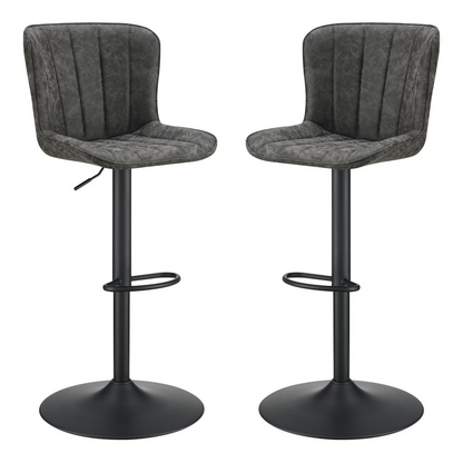Set of two Kirkdale adjustable stools in charcoal faux leather with metal footrests, designed for modern furniture use.