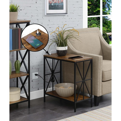 Start2Finish Tucson Starburst chairside end table with barnwood finish, black accents, charging station, and shelf for living room decor.