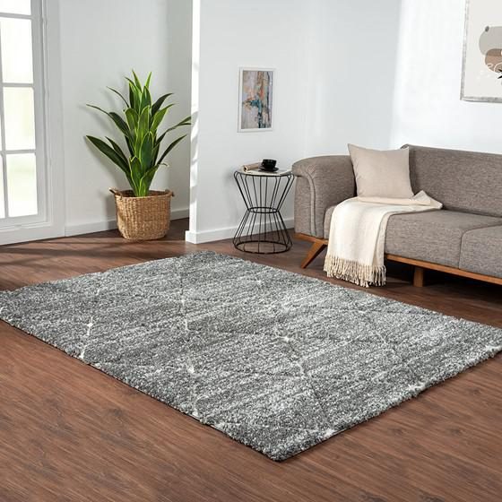 Start2Finish Talas Trellis Area Rug in grey and cream with geometric pattern, showcasing soft, woven fabric and decorative design.