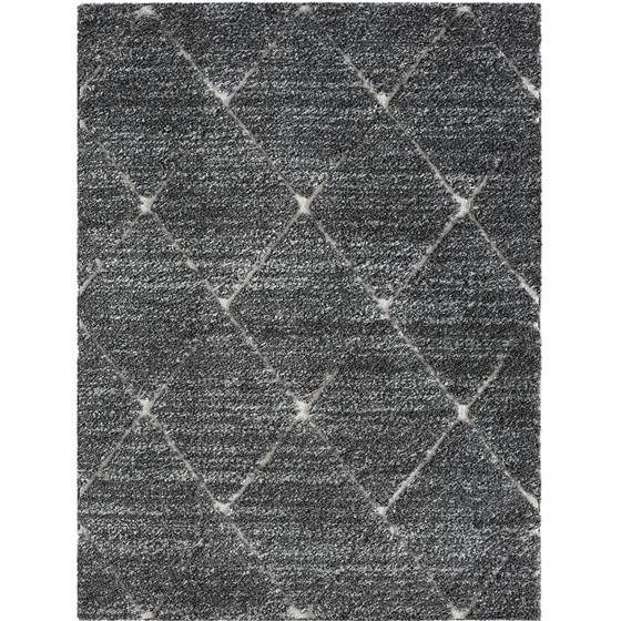 Talas Trellis Area Rug in grey and cream by Start2Finish, featuring a geometric trellis pattern on plush fabric.