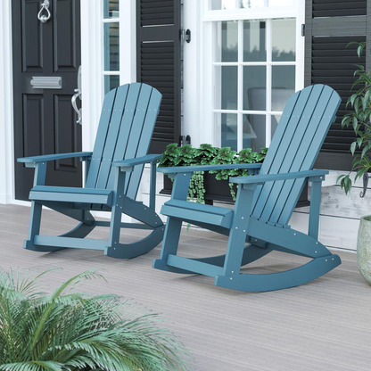 Pair of Start2Finish Adirondack rocking chairs in sea foam, featuring wide armrests and slatted backrests for outdoor relaxation.