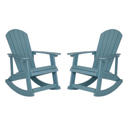 Set of two Start2Finish Adirondack rocking chairs in sea foam color, featuring wide armrests and slatted backrests.