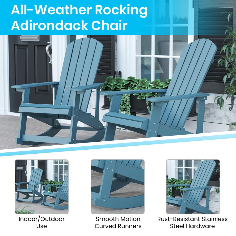 Set of two Sea Foam Adirondack rocking chairs by Start2Finish, featuring wide armrests and curved backrests for outdoor relaxation.