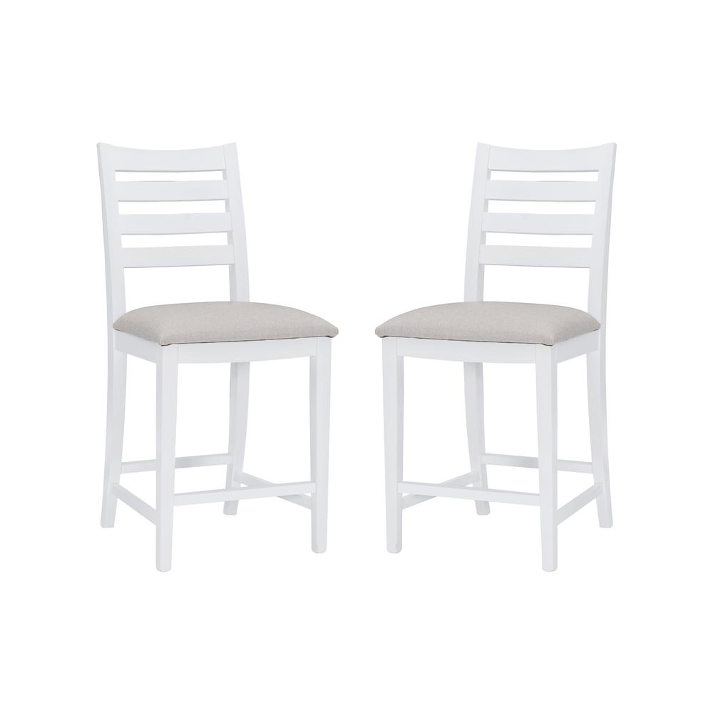 Set of two Flynn counter stools by Start2Finish with white upholstered seats and dark wooden legs, ideal for kitchen or bar areas.