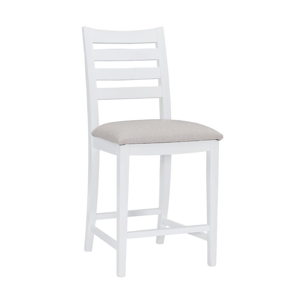 Set of two white upholstered Flynn counter stools by Start2Finish, featuring modern design and cushioned seats for kitchen or bar area.
