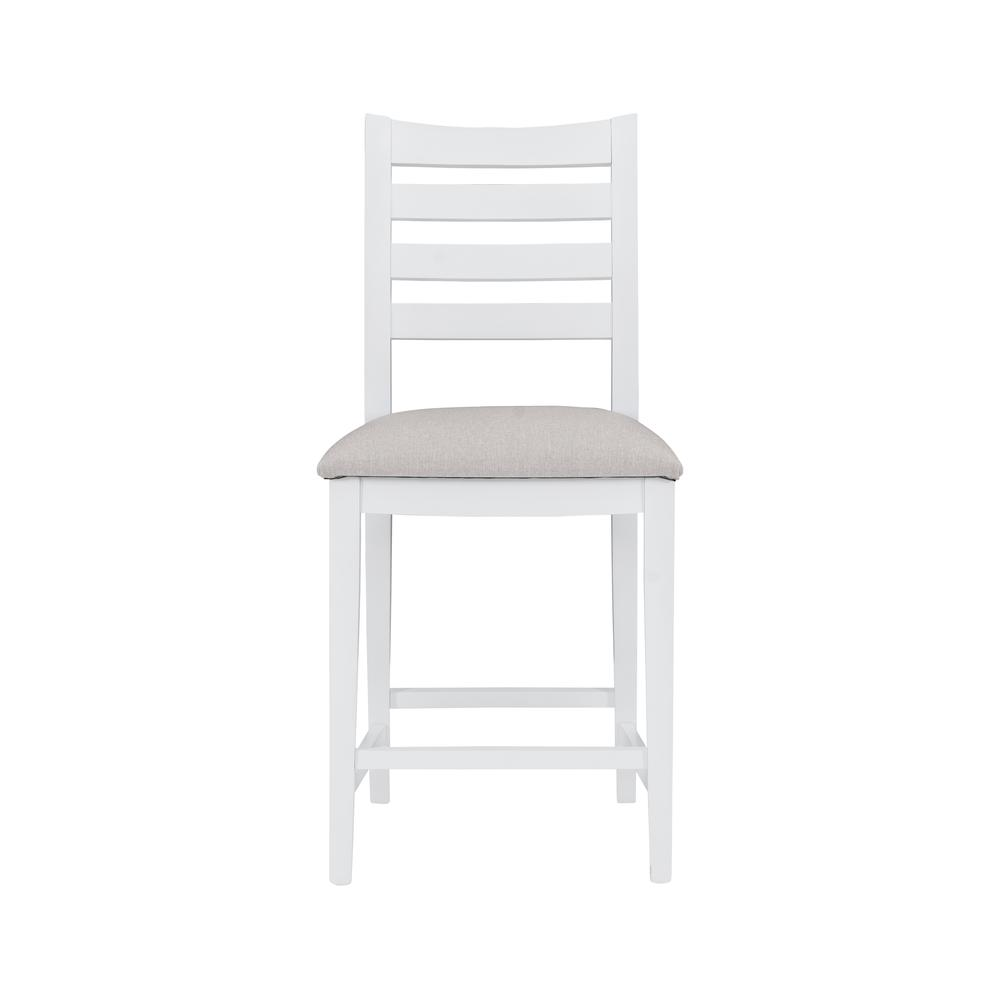 Set of two Flynn counter stools with white upholstered seats and wooden legs, ideal for kitchen or bar area.